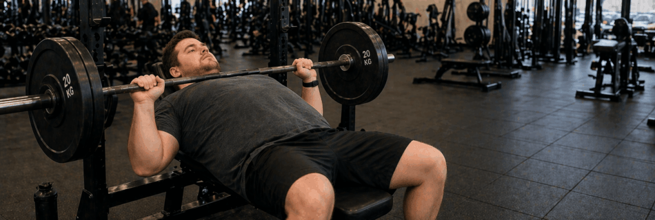 Man with overweight build performing bench press in gym as part of strength training for weight loss